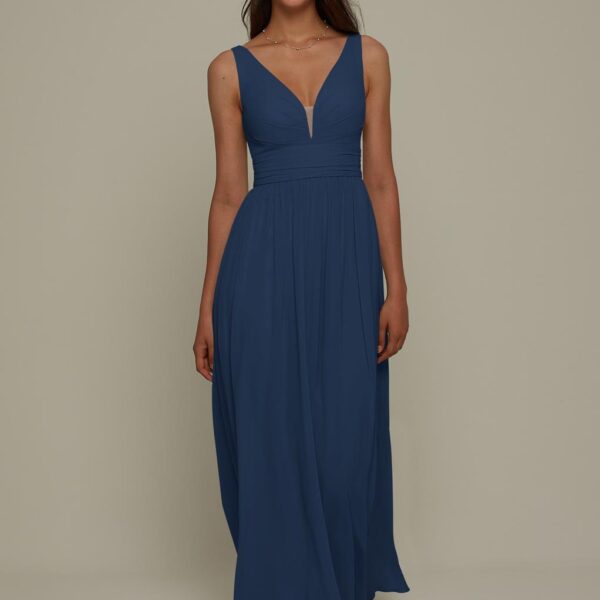 A darling plunging neckline and perfectly pretty pleats make the floor length Edna dress a true scene stealer at any wedding. The bared shoulders and light breezy design of this chiffon dress ensure that itu2019s cool and comfortable for those outdoor spr