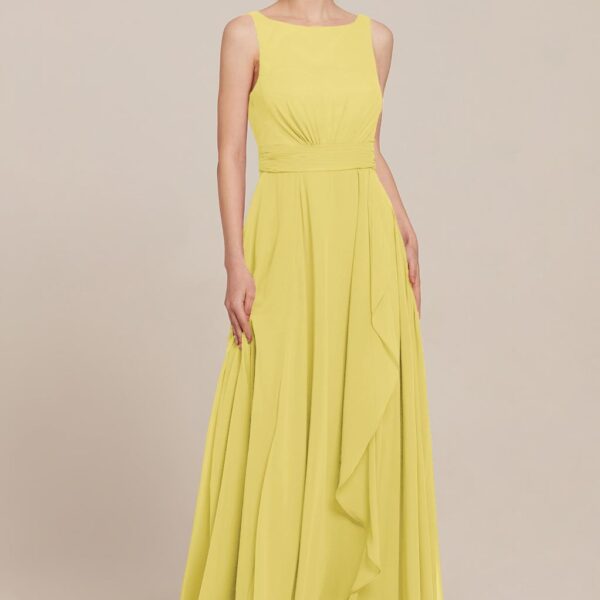 the Elena Bridesmaid Dress is a winner on all figure types. The modest bateau-neck bodice dips low in back for visual appeal. A plethora of pleats