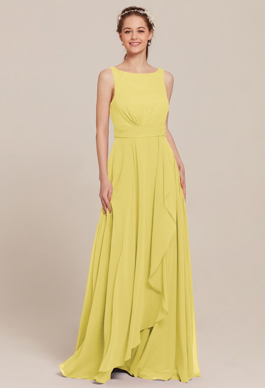 the Elena Bridesmaid Dress is a winner on all figure types. The modest bateau-neck bodice dips low in back for visual appeal. A plethora of pleats