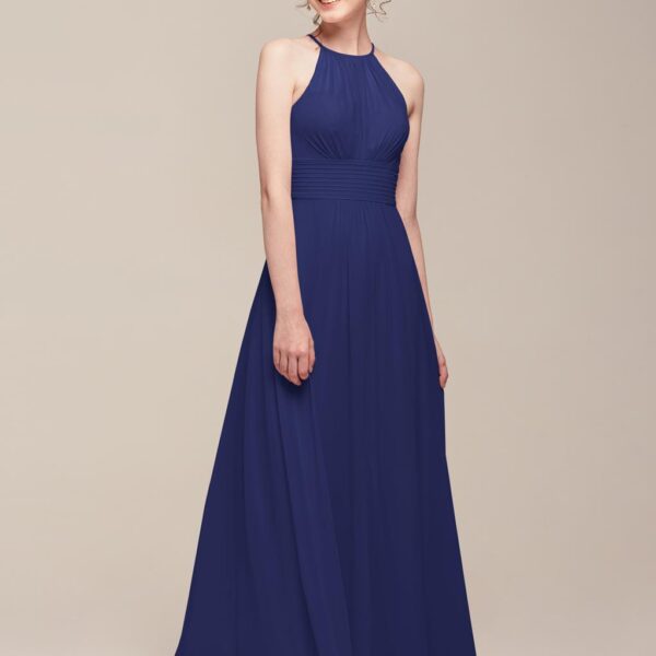 with a floor-length pleated skirt that will move and charm with every step that you take. The bared shoulders are flirty
