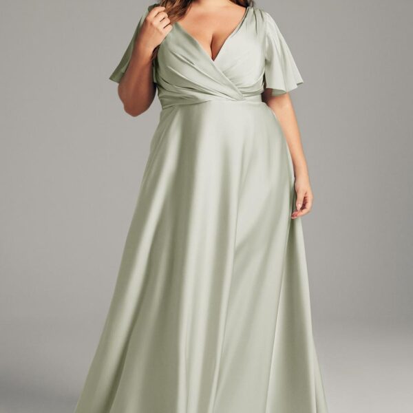 The AW Furst Dress is a sleek and simple bridesmaid dress available in over 29 colors. This unique V-neck silk gown is designed to flatter women of all sizes and is made from high-quality satin Charmeuse fabric with a unique pleat embellishment. It&#03