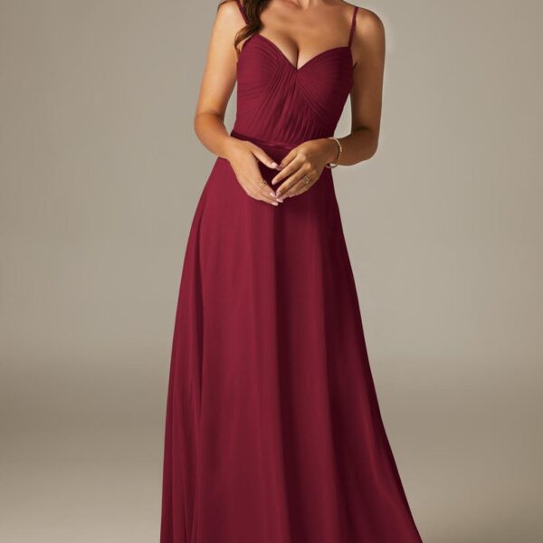 the spaghetti straps and the bared back of the Georgia gown make it a flattering choice for the bridesmaid
