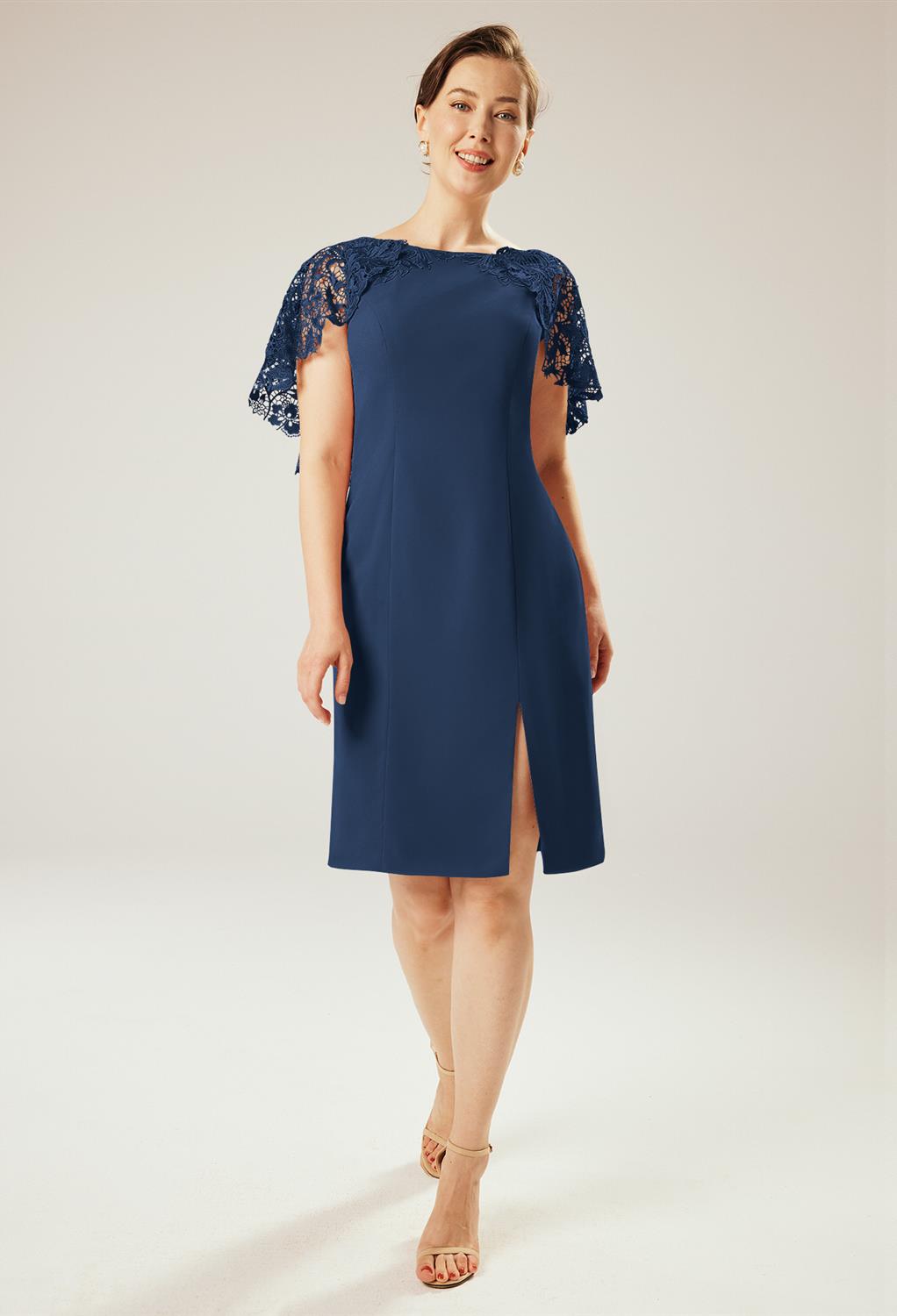 The AW Hestia Dress is a chiffon mix blend for mature ladies who desire a lace-themed appearance. The AW Hestia Dress is knee lengthened hemline and a bateau neckline to match. It has a zipper to make it an easy fit and strapless short sleeves for unique