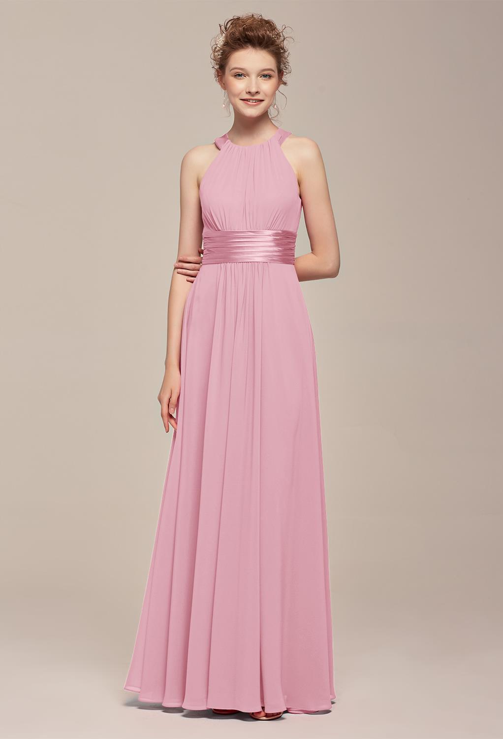 If you're looking for a gown that says "Party"! Then the Ione Jewel Neck Pleated Bridesmaid Dress is your girl. This pleated number offers modest coverage but is still up for some fun. The sliding halter neck shows off lovely sho