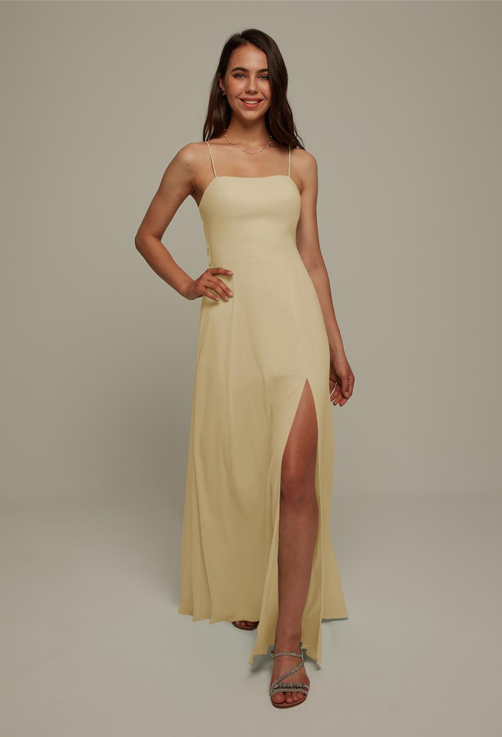 along with a daring high thigh split that shows off just enough of your toned legs as you walk and dance. Made from chiffon