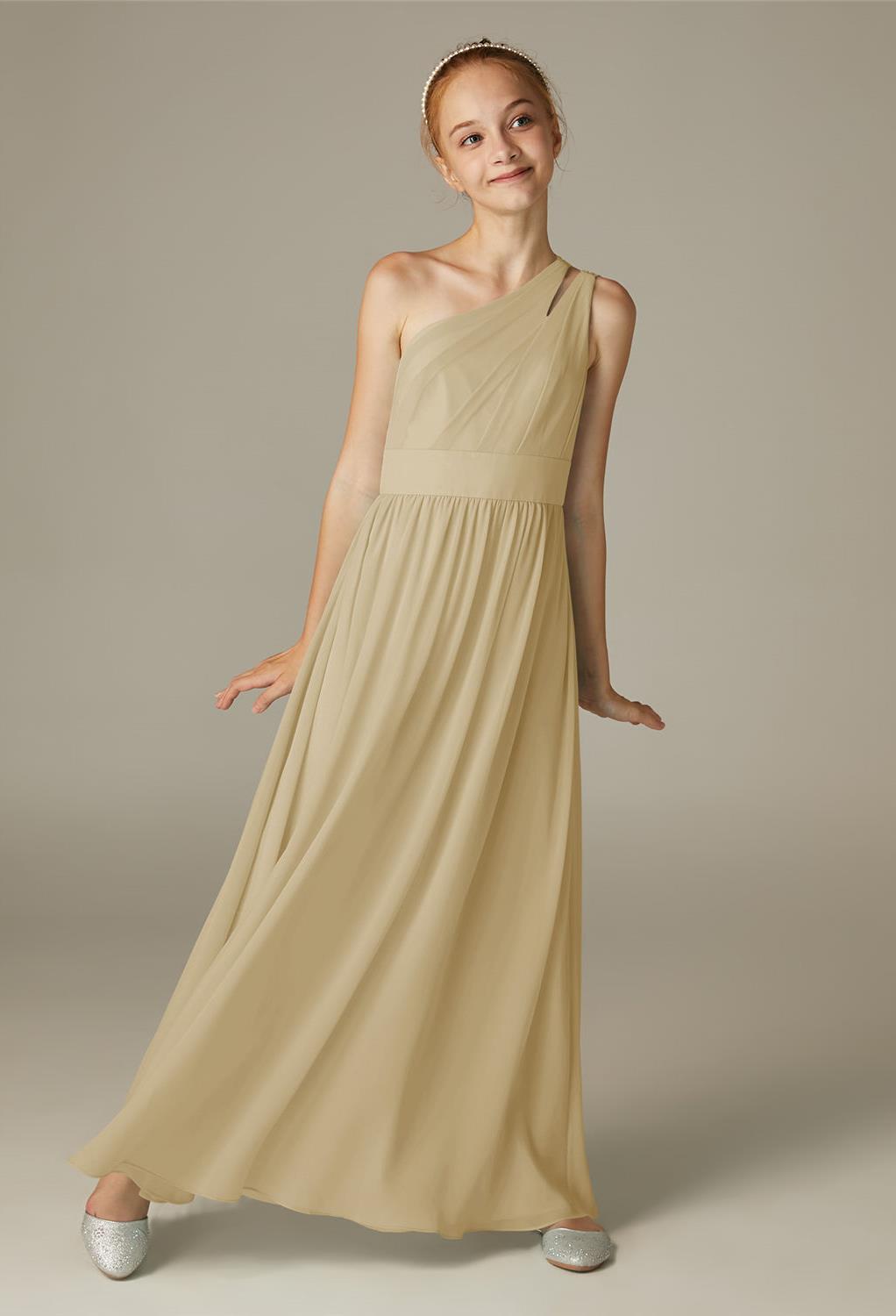 Keep the youngest members of your wedding party looking simply graceful and radiant.The Katafront dress is a flattering sleeveless dress in chiffon.The dress features one strap that offers a romantic Greek inspired design.The pretty floor length skirt of