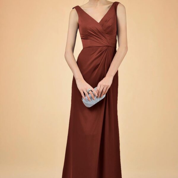the Kathleen dress offers a V-neck and open back. The pleats add a flattering look that will accentuate your curves so you feel your radiant best