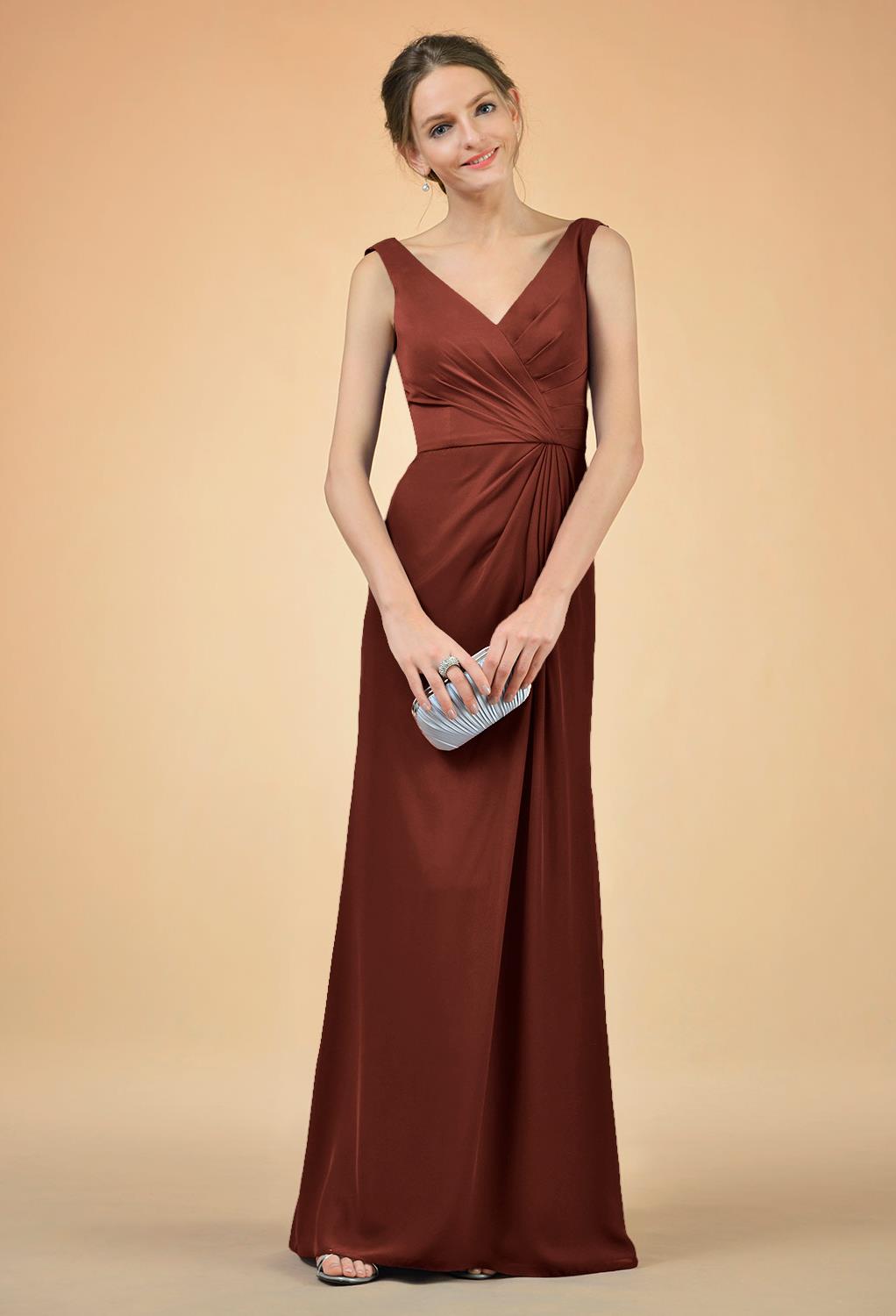 the Kathleen dress offers a V-neck and open back. The pleats add a flattering look that will accentuate your curves so you feel your radiant best