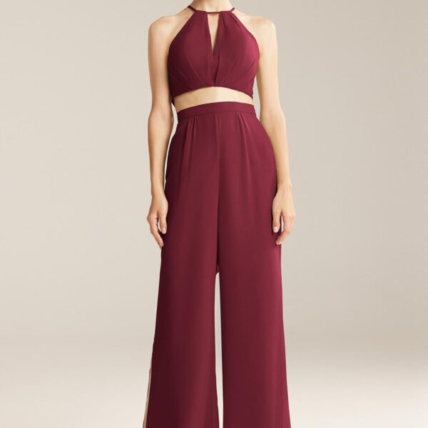 which will make you a trendy and ultramodern bridesmaid. High-quality chiffon was used to create a uniquely designed jumpsuit with a jewel neckline