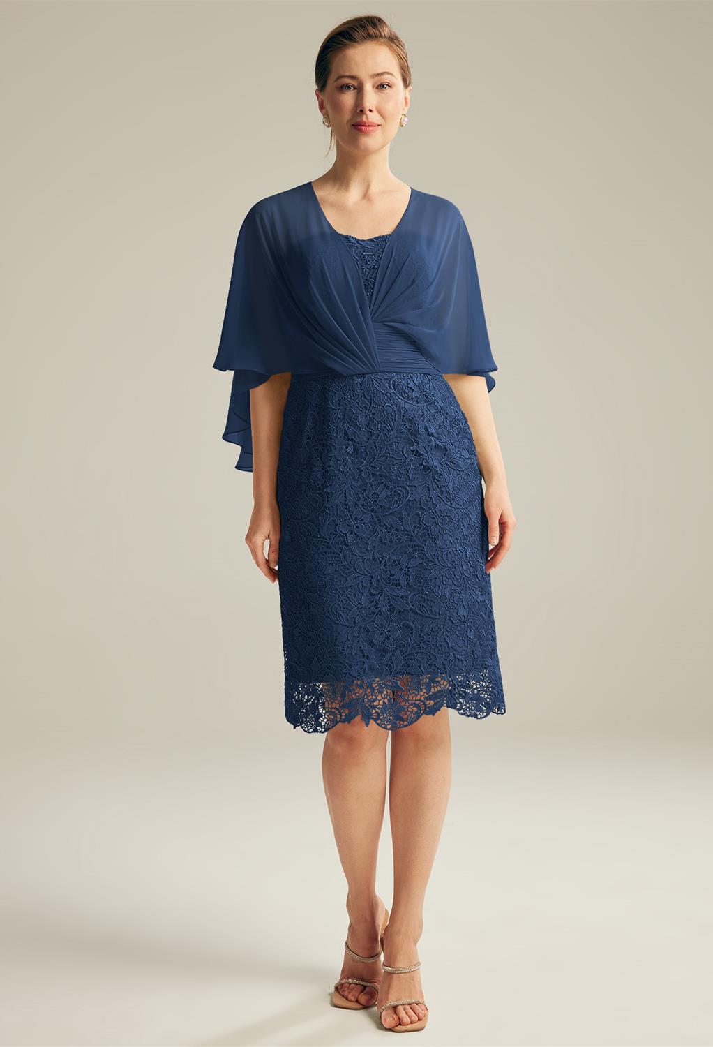 The AW Lynda  Dress is a knee-length mom's evening dress made from beautiful lace fabric. The column outline and butterfly sleeves makes a complete look. It is ruching decorated and has a V-neck neckline. The dress is lined with a built-in bra and