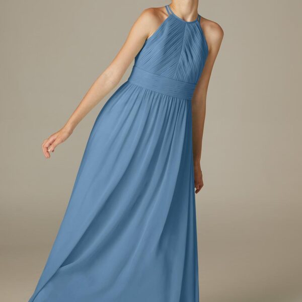 while the skirt flares out with pretty pleats.The layered chiffon look will prove flattering and si