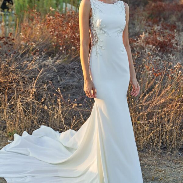 while the appliques on the dress add a beautiful elegance that can't be denied. Choose between a crisp white or lovely ivor