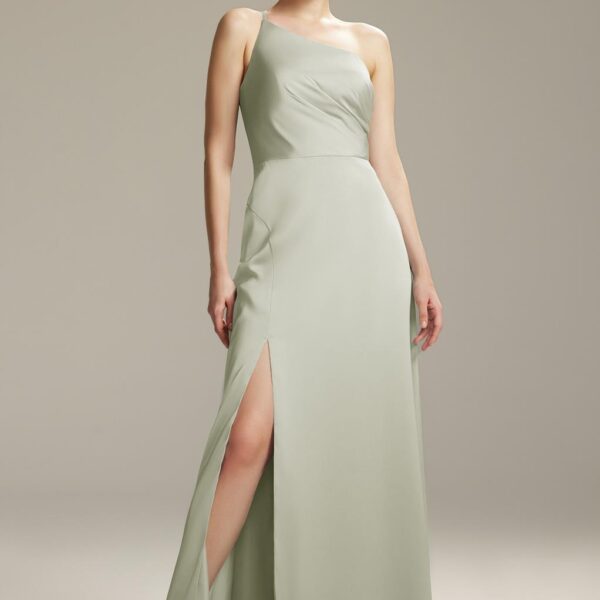 this stunning AW Marjory bridesmaid dress boasts an elegant A-line silhouette and floor-length hemline. The asymmetrical neckline and one-shoulder design add a touch of uniqueness