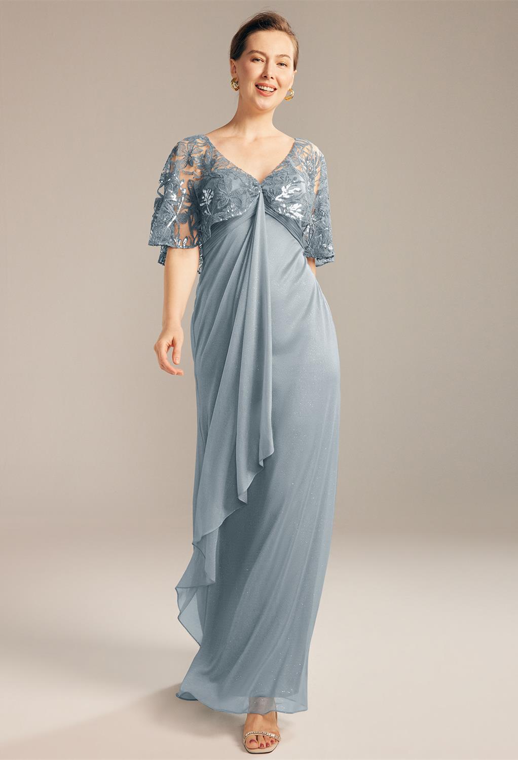 AW Marlena is designed from top-grade glitter mesh. Its sequin-studded and floral embroidered lace bodice is show-stopping with a built-in bra and butterfly sleeves that are cape-like. As a mermaid silhouette