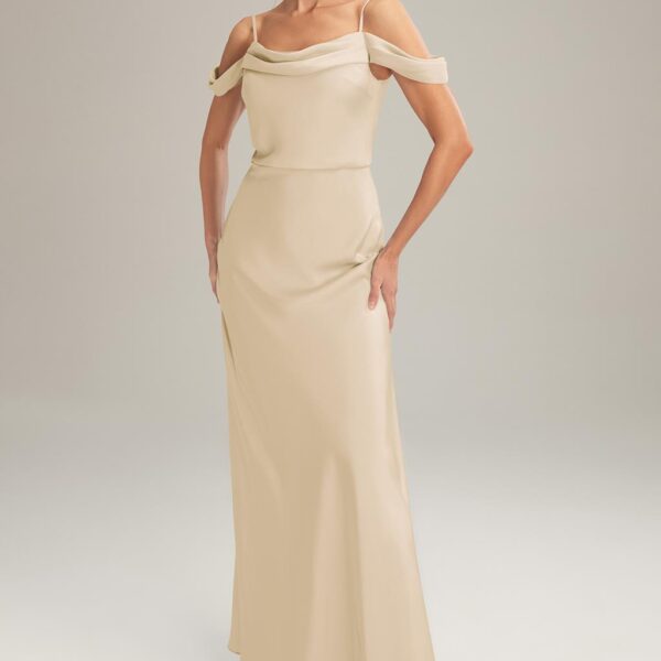 floor-length dress cut from satin charmeuse