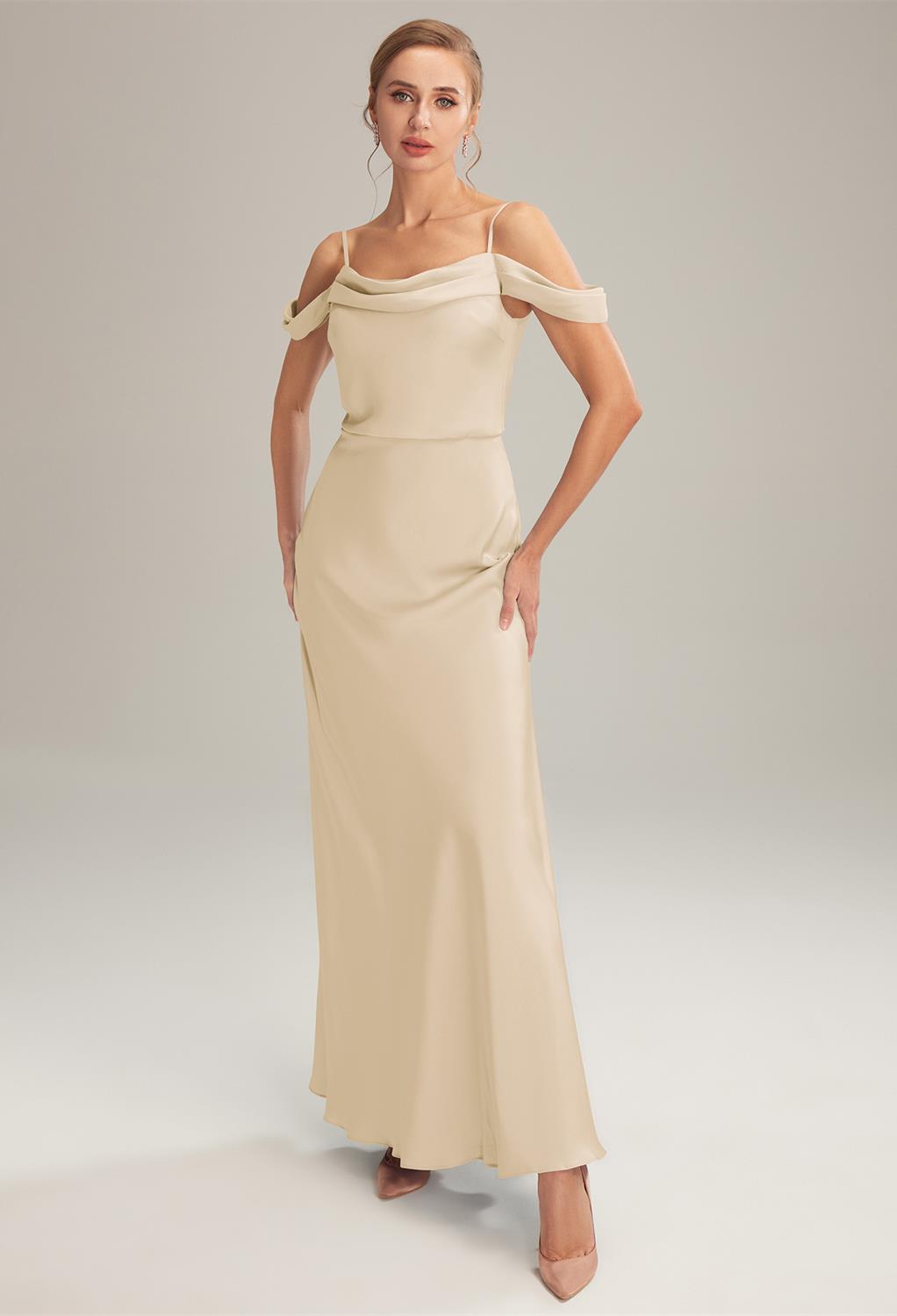 floor-length dress cut from satin charmeuse