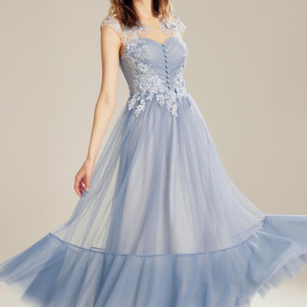 featuring a classic jewel neckline and an elegant ankle-length cut for a touch of fairytale grace.