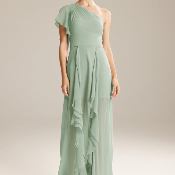 appealing lines. This A-line dress is cut from chiffon and features an asymmetrical neckline
