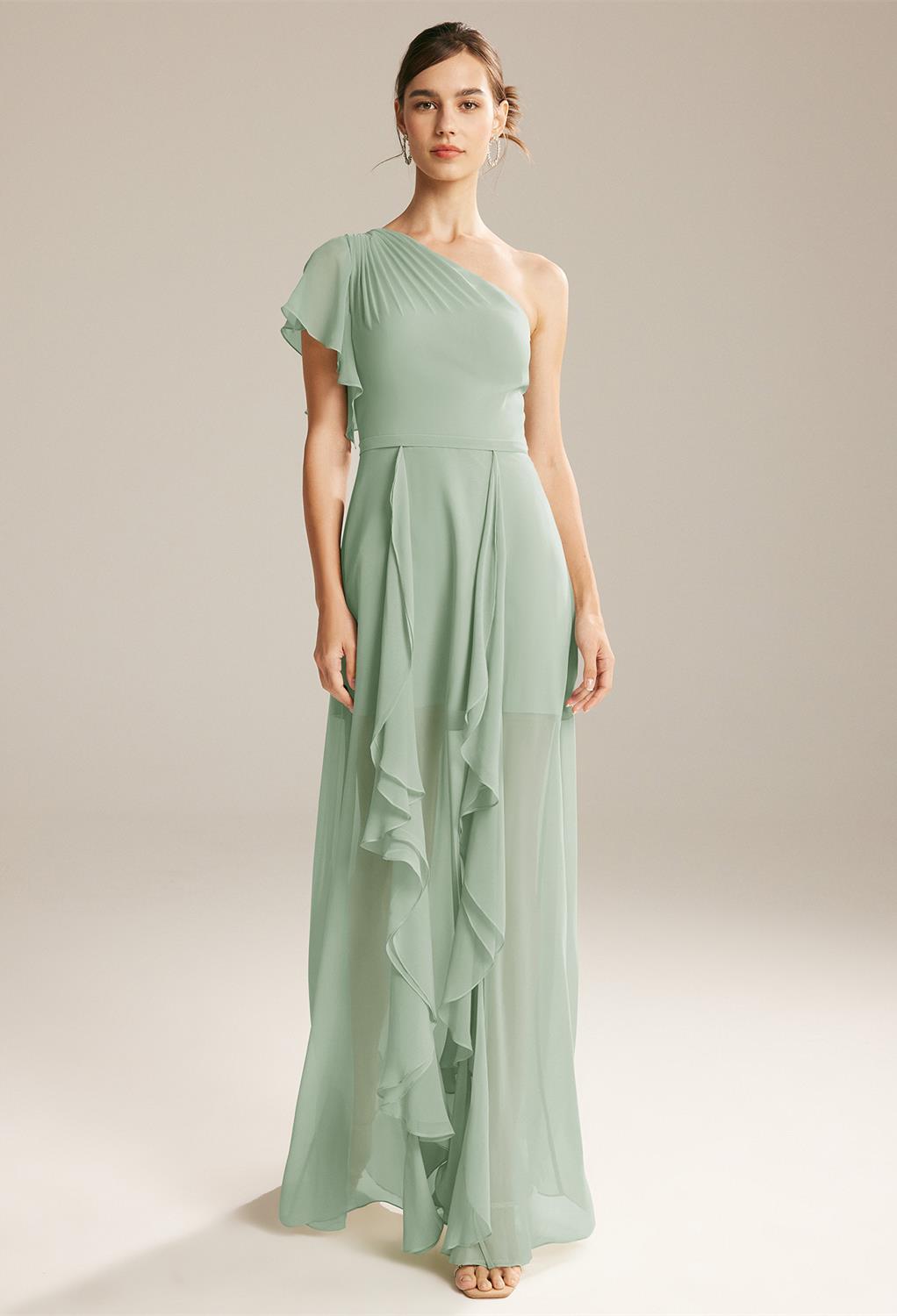 appealing lines. This A-line dress is cut from chiffon and features an asymmetrical neckline