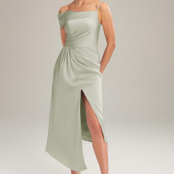 tea-length bridesmaid dress cut from satin charmeuse flaunts a bodice with a draped sleeve on one shoulder and spaghetti strap on the other shoulder. Topped with a ruched waistline and