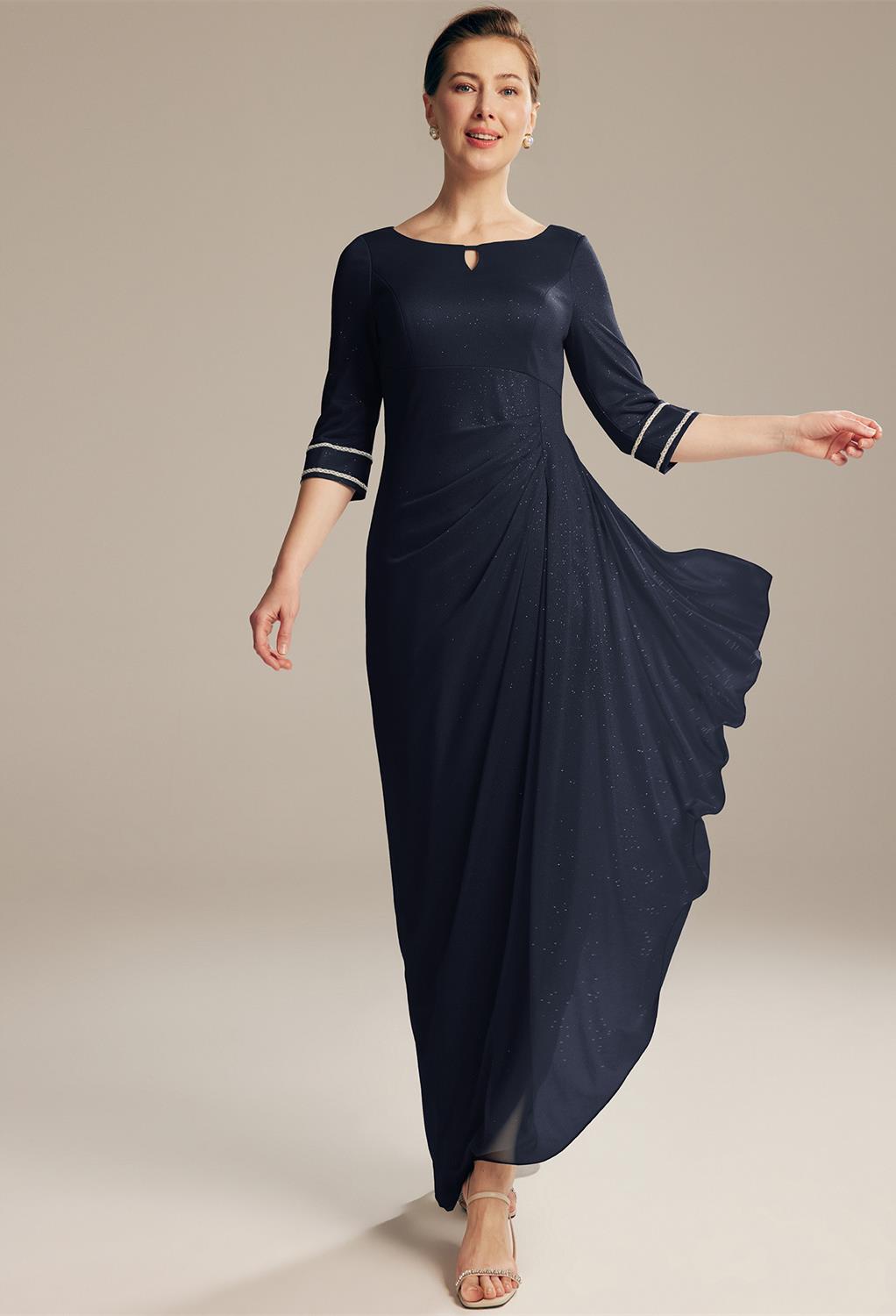 The AW Prune is designed with the best quality glitter mesh and carefully combined with a jewel neckline that makes the dress a unique fashion statement. The flowing gown has an A-line outline for your beautiful physique. The strap sleeves are 3/4 in leng