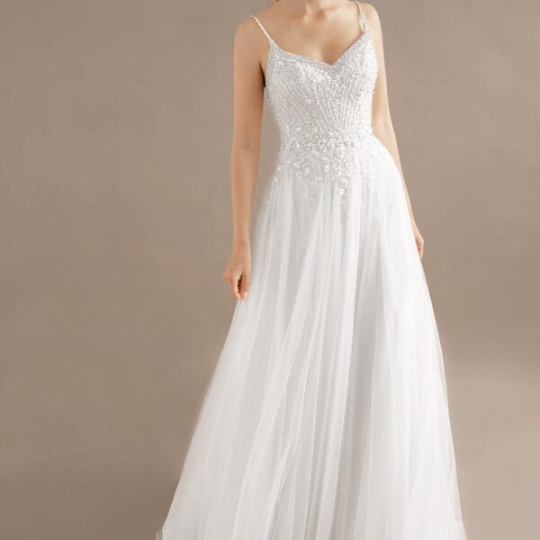 the Raphael wedding gown offers a flirty romantic look that you will fall in love with. The dress features pretty beaded embellishments across the bodice and flowing down into the rest of the gown. They are truly e