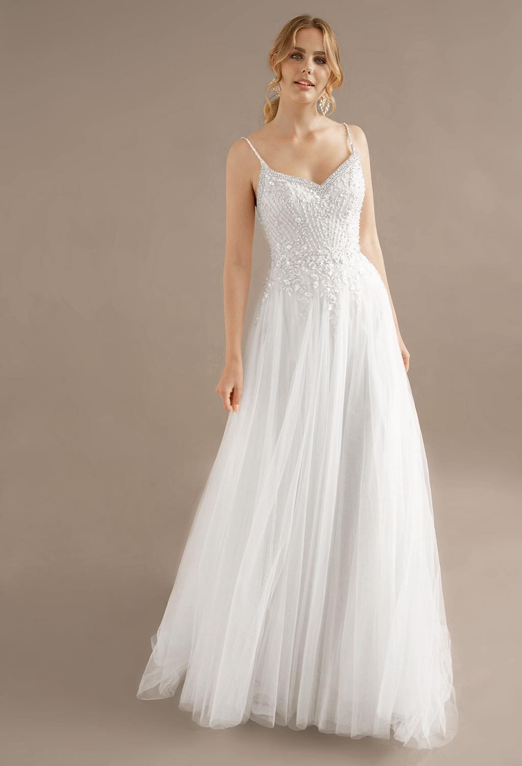 the Raphael wedding gown offers a flirty romantic look that you will fall in love with. The dress features pretty beaded embellishments across the bodice and flowing down into the rest of the gown. They are truly e