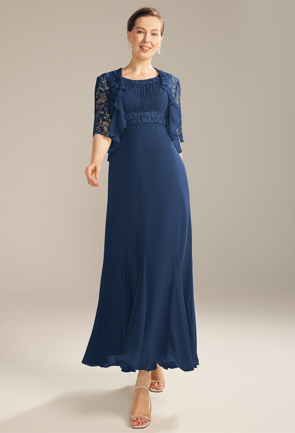 ankle-length lace dress. The detachable