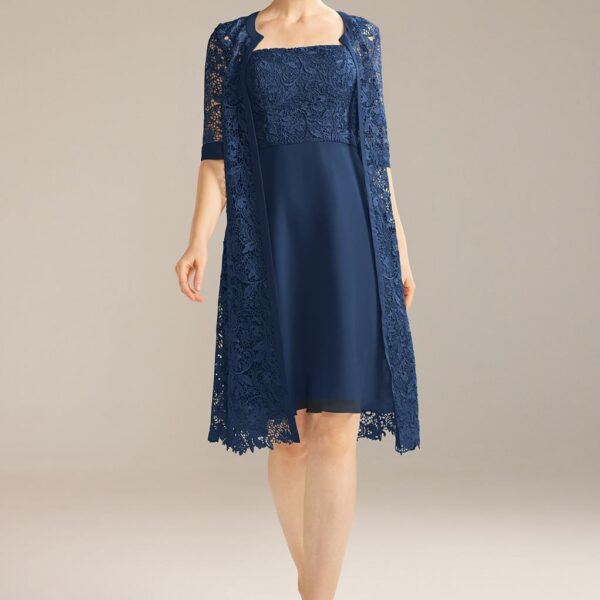 knee length dress is cut out of fine lace and structured with sheer straps