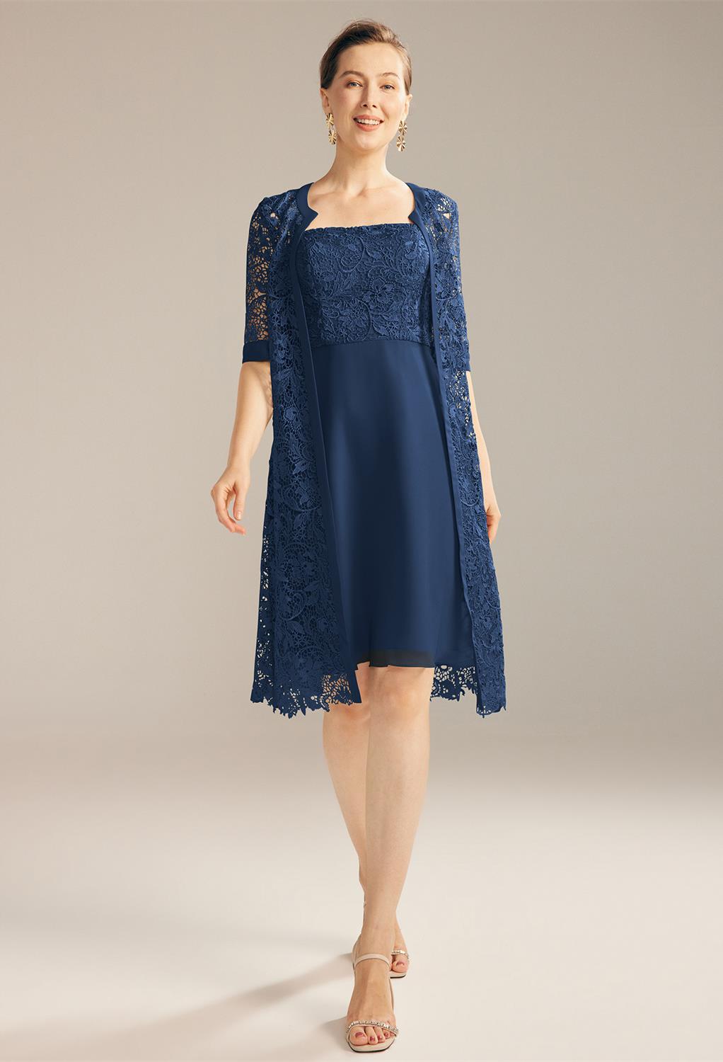 knee length dress is cut out of fine lace and structured with sheer straps