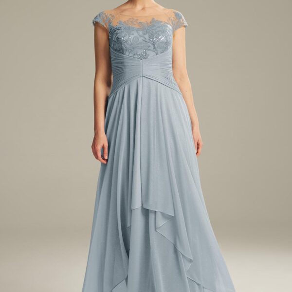 The AW Shelley dress is a chic mom's dress made of mesh glitters and embroidery embellishment to make the dress look adorable. The A-line silhouettes with the well-crafted waistline and the floor-length hemline are a great choice for the birthday