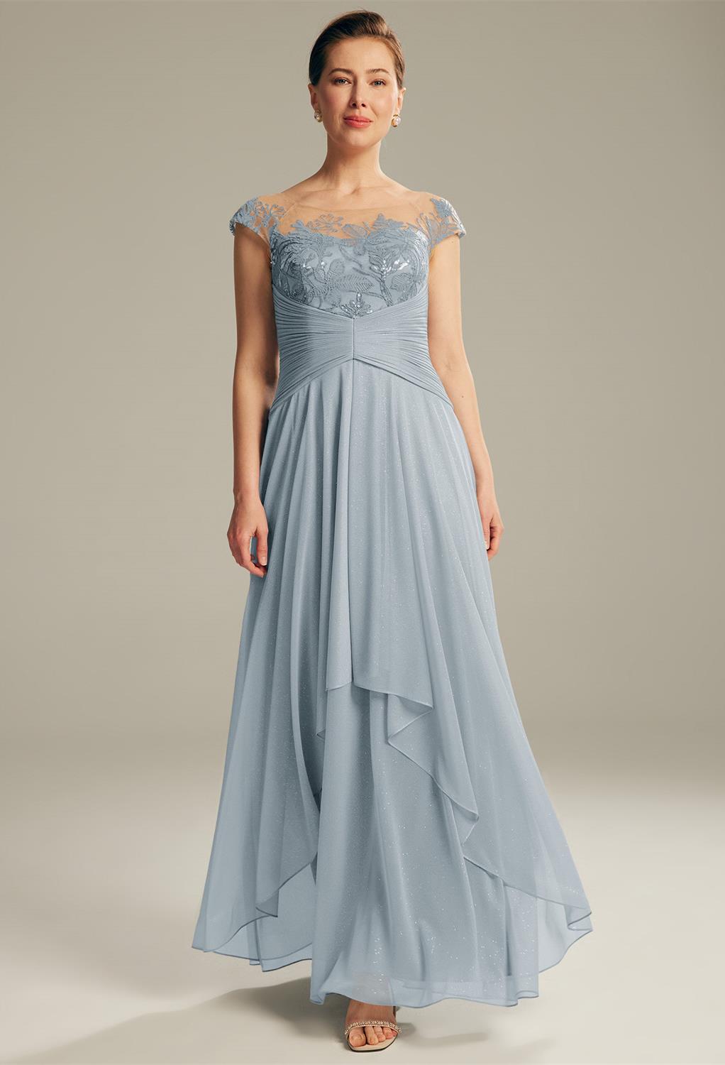 The AW Shelley dress is a chic mom's dress made of mesh glitters and embroidery embellishment to make the dress look adorable. The A-line silhouettes with the well-crafted waistline and the floor-length hemline are a great choice for the birthday