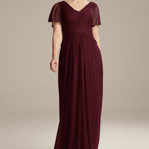 AW  Shona dress is made with a high-quality glitter mesh fabric. It's crafted as an elegant A-line floor length with an attractive V-neck neckline. The beautiful bust area is designed with strapless butterfly sleeves. Fully lined with a built-in b