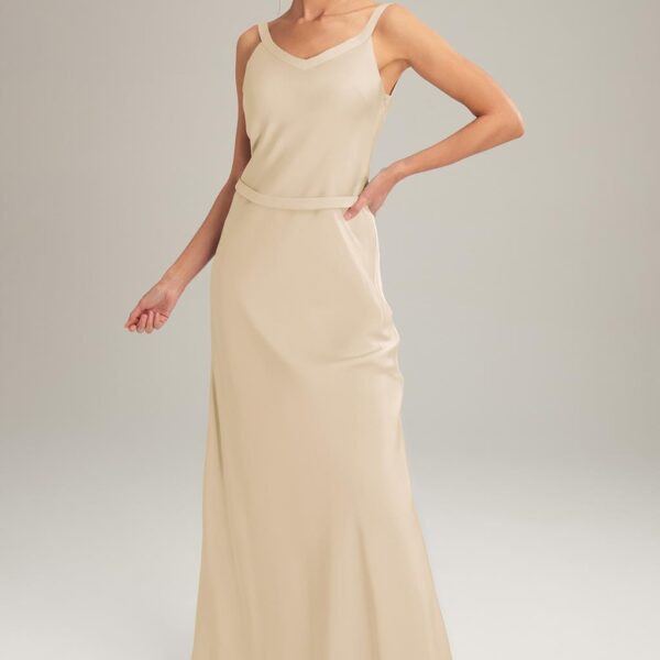 floor-length bridesmaid dress. Cut from satin charmeuse
