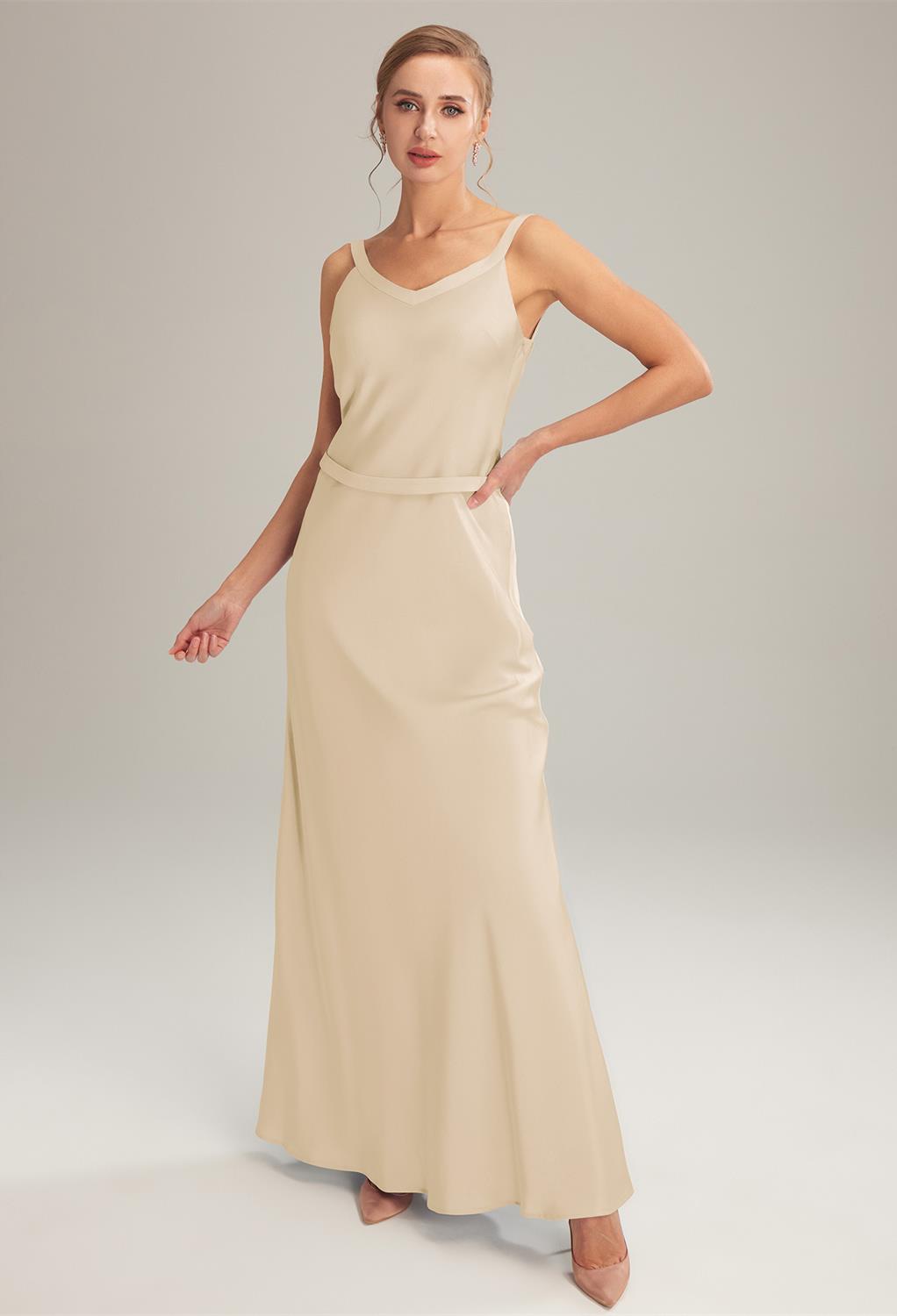 floor-length bridesmaid dress. Cut from satin charmeuse