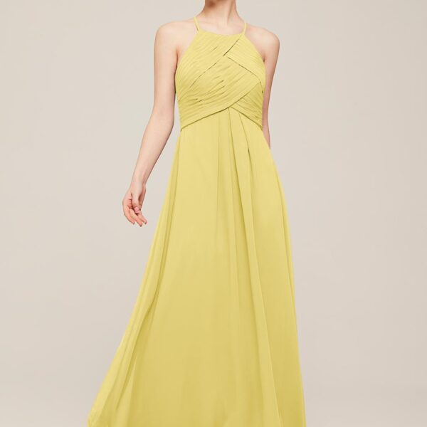 look to the Tammy bridesmaid dress. This long chiffon column gown stands out in a sea of strapless styles and sweetheart necklines. The front of the bodice consists of overlapping pleated swathes. Spaghetti straps meet