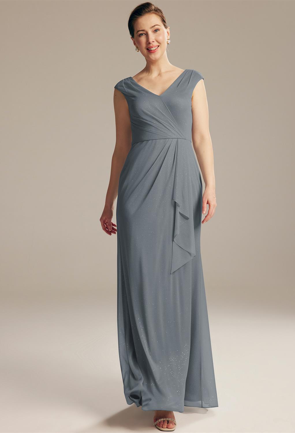 The AW Themis dress is crafted with a mermaid shape flattering outline. The dress is a flowing gown with a V-neck neckline combined with cap sleeves that makes the dress a perfect choice for the wedding. It also has a back zipper for comfort.  It is final