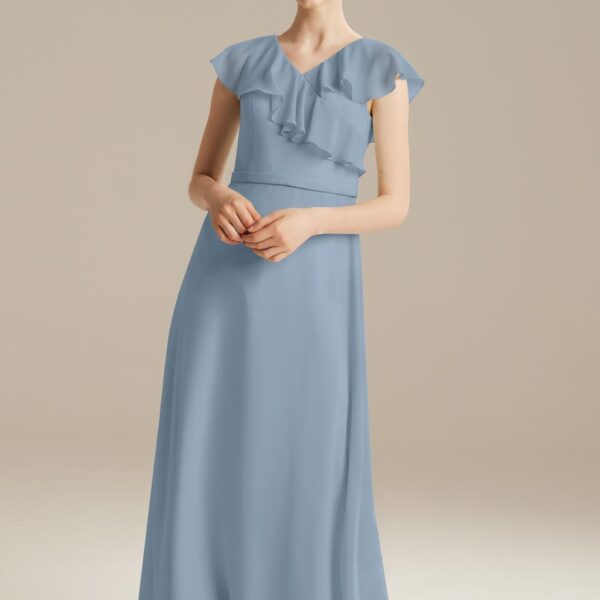 perfect for pairing with a special necklace. The sheer ruffles add extra graceful movement