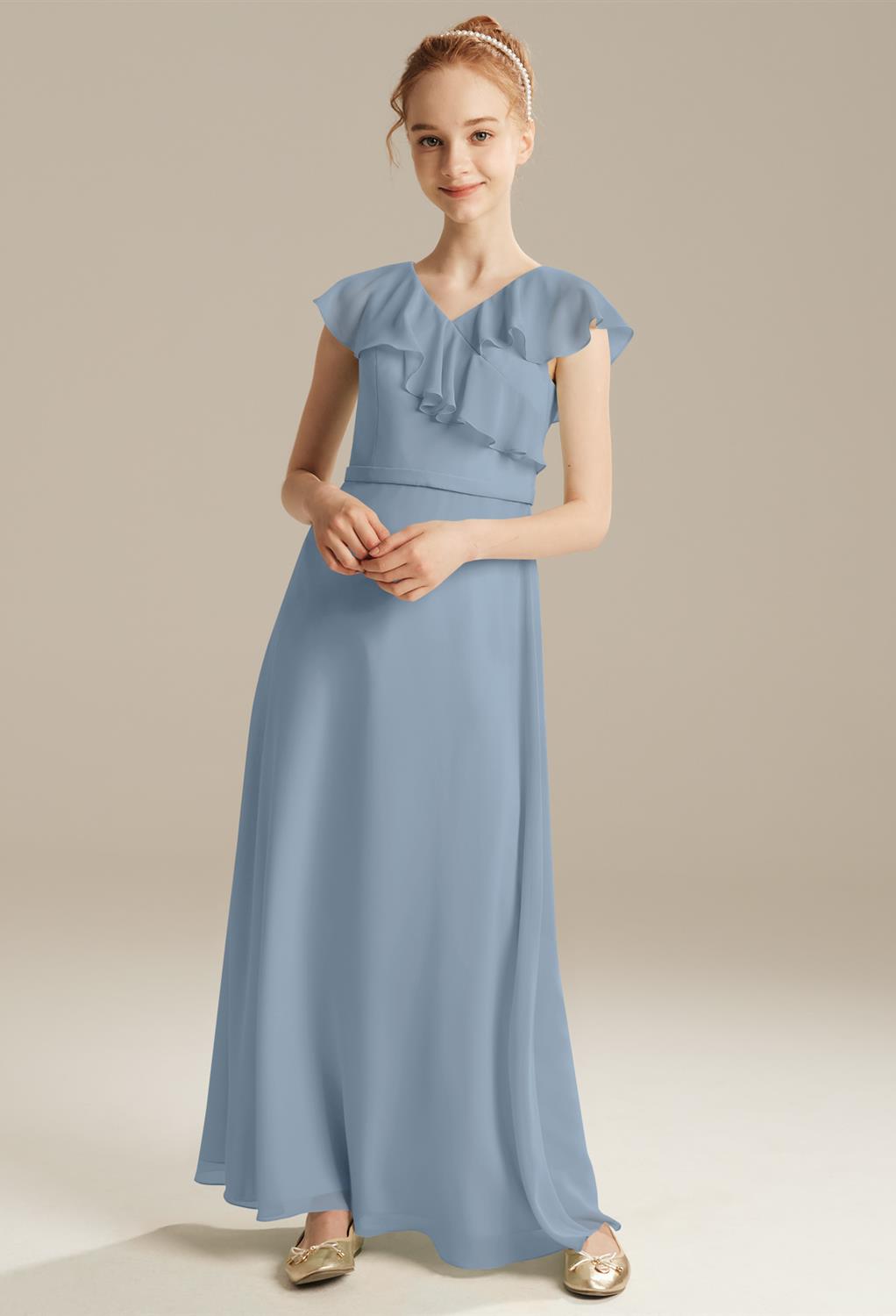 perfect for pairing with a special necklace. The sheer ruffles add extra graceful movement