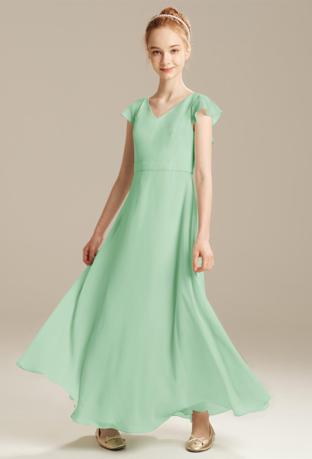 The sheer butterfly sleeves of the Vivace gown add some elegant charm you'll adore. This junior bridesmaid dress is a floor length chiffon choice that will flatter your young wedding party members in just the right way. The V-neck of the dress is