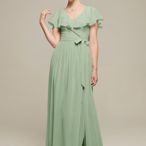 with ruffle sleeves that bring a romantic feel to this dress. The floor length skirt and sweetheart neckline add great character to the dress