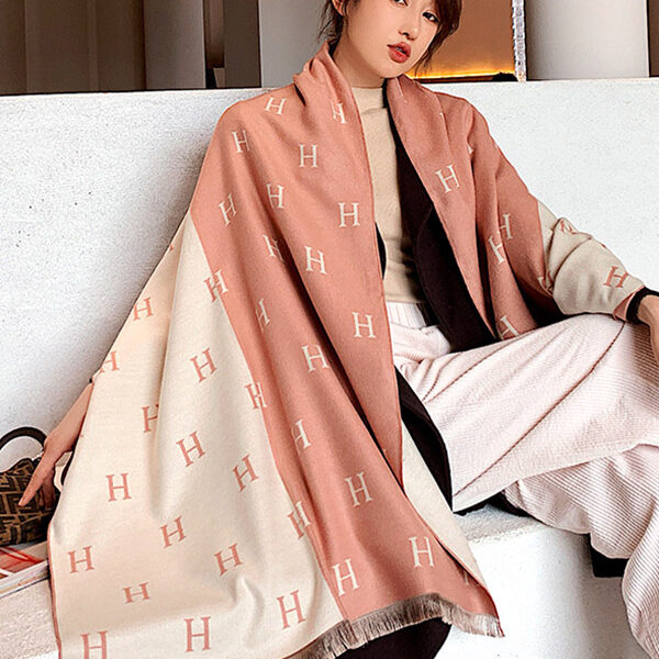 H Print Contrast Color Imitation Cashmere Shawl Scarf CREAMY+PINK-FREE SIZE SkuCY-!71121MaterialImitated Cashmere FeaturePrinted