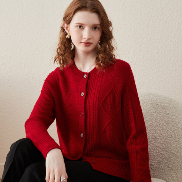 Enhance your wardrobe with our 100% Wool Elegant Ribbed Knit Cardigan