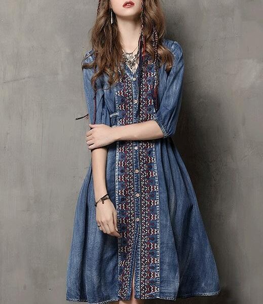 Sku CY-!25094   Material Denim   Style Loose   Feature Embroidered   Occasion Casual   Neckline V-neck   Seasons Spring
