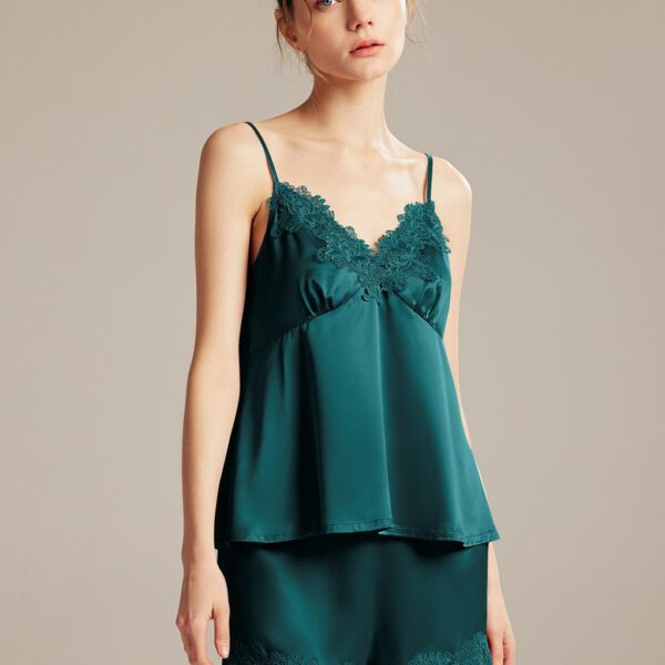 this short loungewear ensemble features delicate lace accents