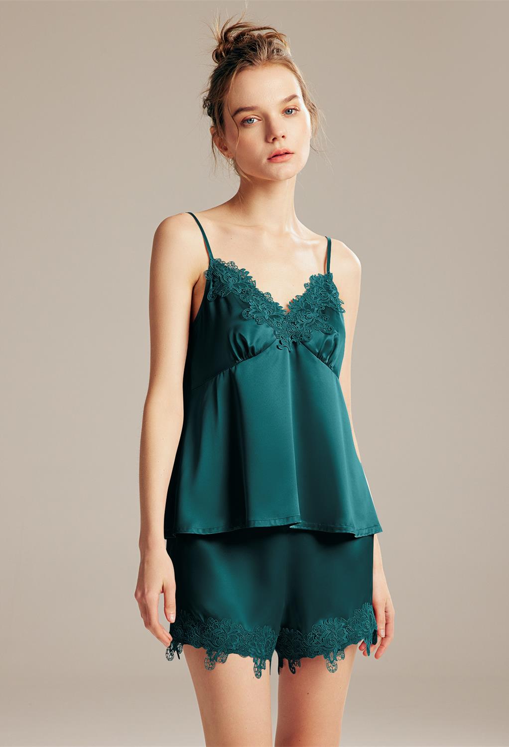 this short loungewear ensemble features delicate lace accents