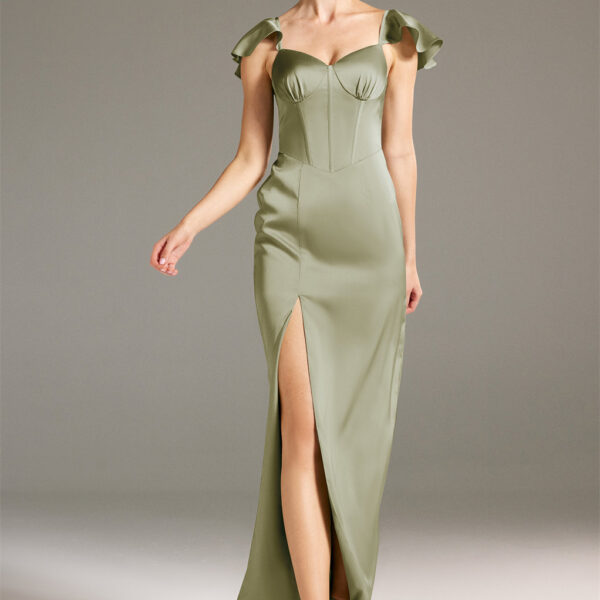 floor-length satin charmeuse gown is a spring wedding's favourite for being lightweight. Its alluring charm begins from its eye-catching