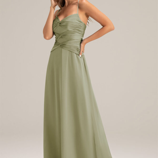 satin charmeuse bridesmaid dress. It features a sweetheart neckline and a floor-length hemline
