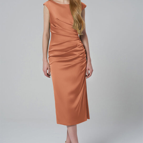 while the subtle ruching along the side enhances the silhouette. Crafted from high-quality satin