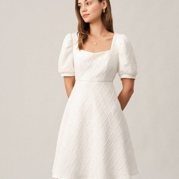 Details:- High waisted dress- Puff sleeve- Solid color- Textured- Square neckFabric:It is made of Polyester. Polyester is an artificial fiber that feels soft